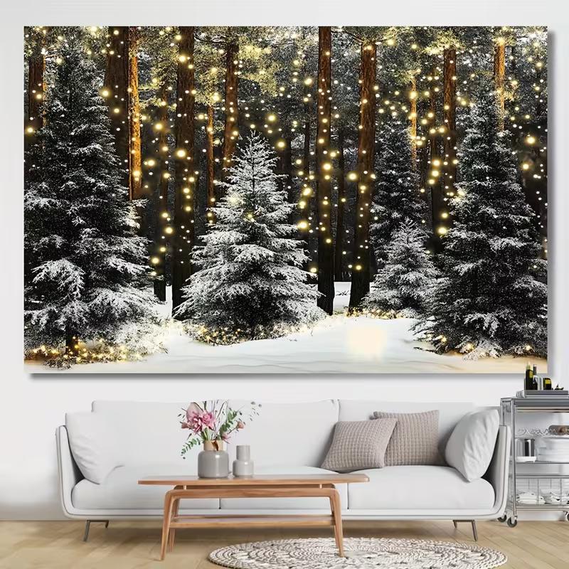2D Winter Snow Pine Tree Backdrop Glowing Lights Christmas Forest Photo Background Banner