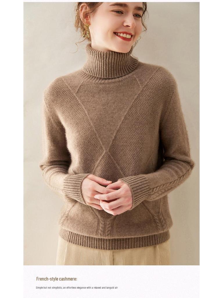 Женский кашемировый свитер с высоким воротником ромбовидной вязки - Плотный, стильный базовый слой для осенне-зимних нарядов