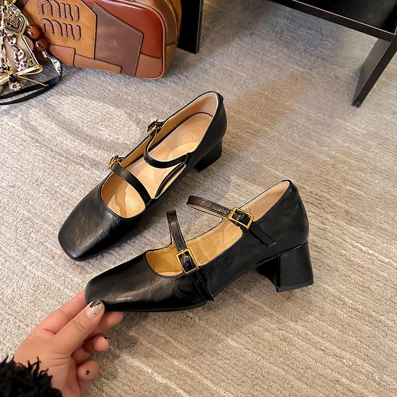 Овчина версия 2025 весна новая французский ретро Мэри Джейн одинарная обувь квадратный носок толстый каблук офисный OL высокий каблук одинарная обувь женщины