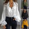 Женская рубашка с V-образным вырезом, плиссированная, с пышными длинными рукавами, летняя рубашка, вышивка, кружевная вставка, свободный крой, рубашка, топы, для вечеринок, для путешествий