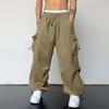 Men Casual Cargo Pants Hip Hop Baggy Trousers with Pockets Low-Rise Elastic Waist Drawstring