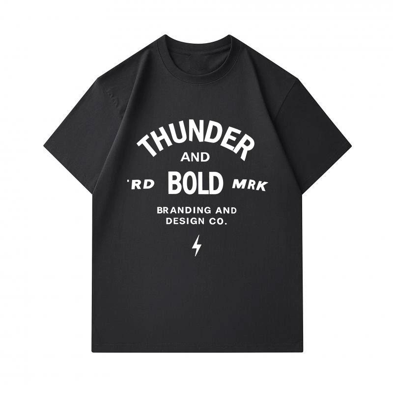 Men's 100% Cotton Crew Neck Short Sleeve T-shirt, Casual Thunder Bold Text Lightning Graphic Soft Breathable Tee for Daily Street Wear All Seasons