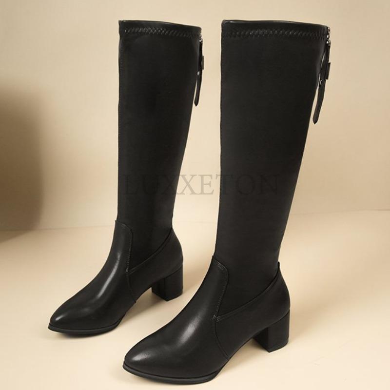 Остроконечные высокие каблуки женские длинные сапоги длиной до колена толстый каблук плюшевая изоляция удобная подкладка облегающие длинные рыцарские сапоги