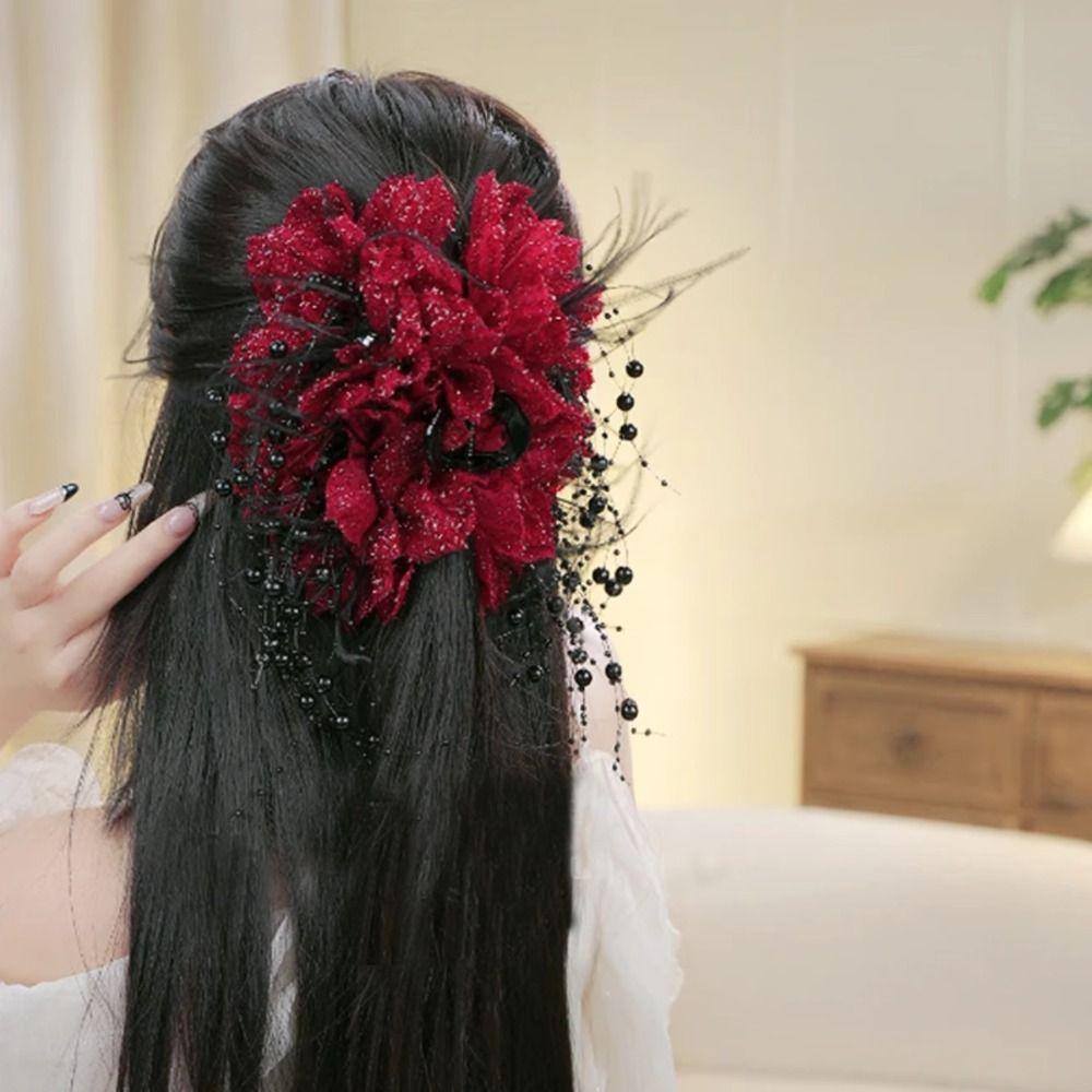 Tassel Grasping Clip Peony Flower Shark Clip Elegant Crab Hair Clips  Girl