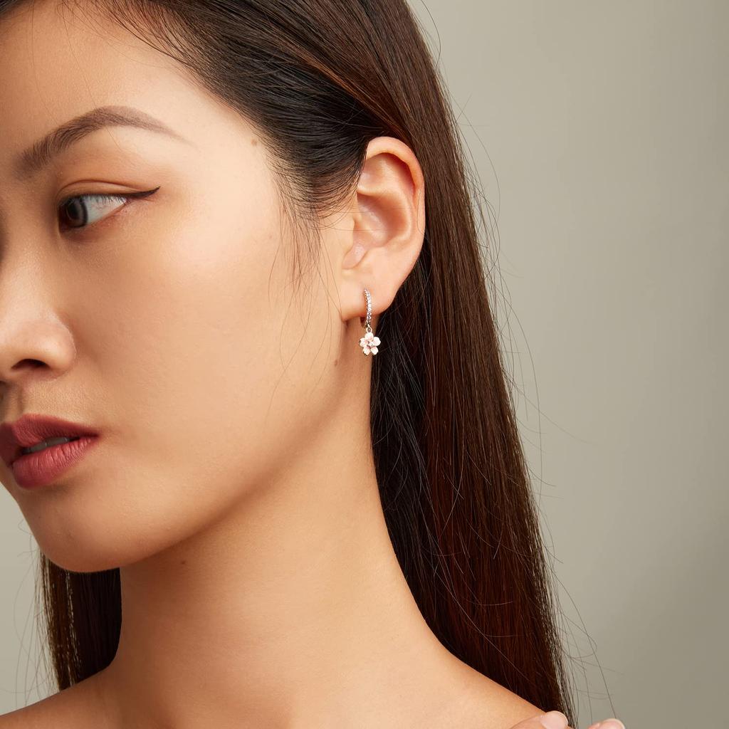 Серьги-кольца для покачивания цветущей вишни 925 цирконий гипоаллергенный к стерлинговому популярный 18 карат подарок на день рождения KLY Женщины, Серебро, CZ, Металлы, Серебро,