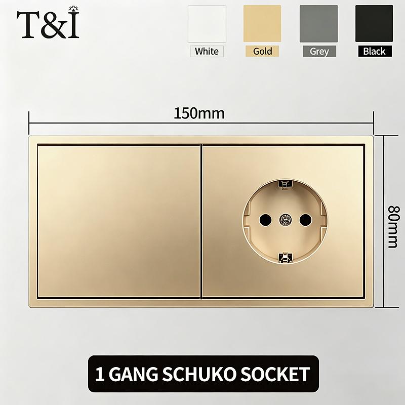Flush Mount EU Electrical Socket 16A 250V with USB Type-C Charging 1/2 Gang Switch, 80x80mm Golden Panel for European Standard