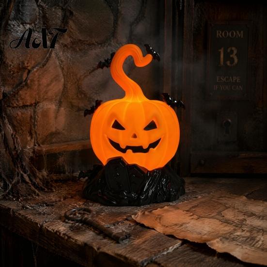 Spooky Gothic Decoration Halloween LED Candle Light Figurine, Bat Tombstone Glowing Tabletop Ornament, Warm Theme Decor Pumpkin Prop for Escape