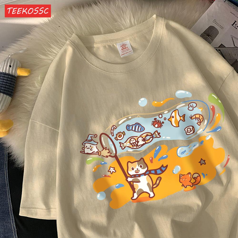 Small Fish In The Huge Bubblecotton Women TShirts Cartoons Printed Tops ONeck Soft Oversized T Shirt Summer Casual Clothes