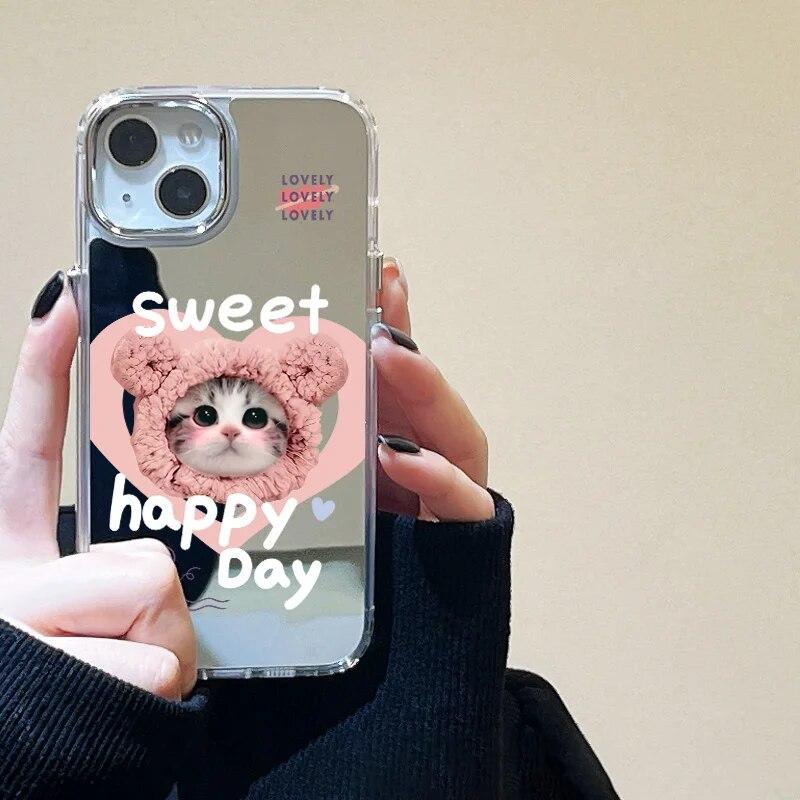 Korean Cute Cartoon Cat Mirror Phone Case For iPhone 15 Pro Case iPhone 14 11 12 13 Pro Max X XS XR Shockproof Love Heart Cover