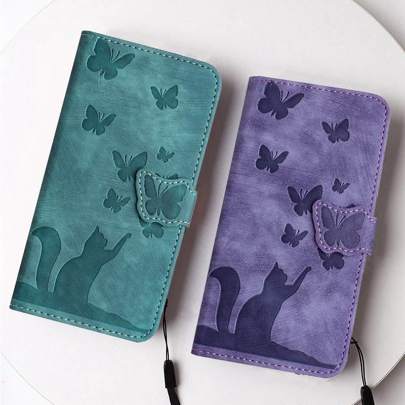 Чехол-кошелек с милым мультяшным котом и бабочкой для Samsung Xiaomi iPhone OPPO, слоты для карт, магнитная откидная крышка из искусственной кожи с подставкой