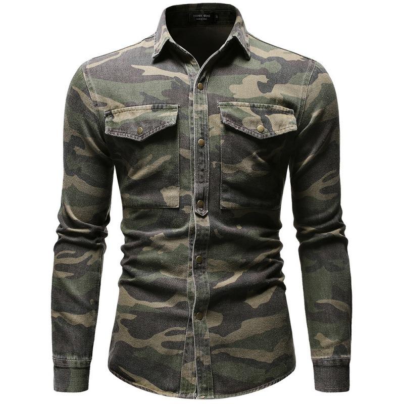 Men Casual Long Sleeve Camouflage Turn Down Collar Shirt