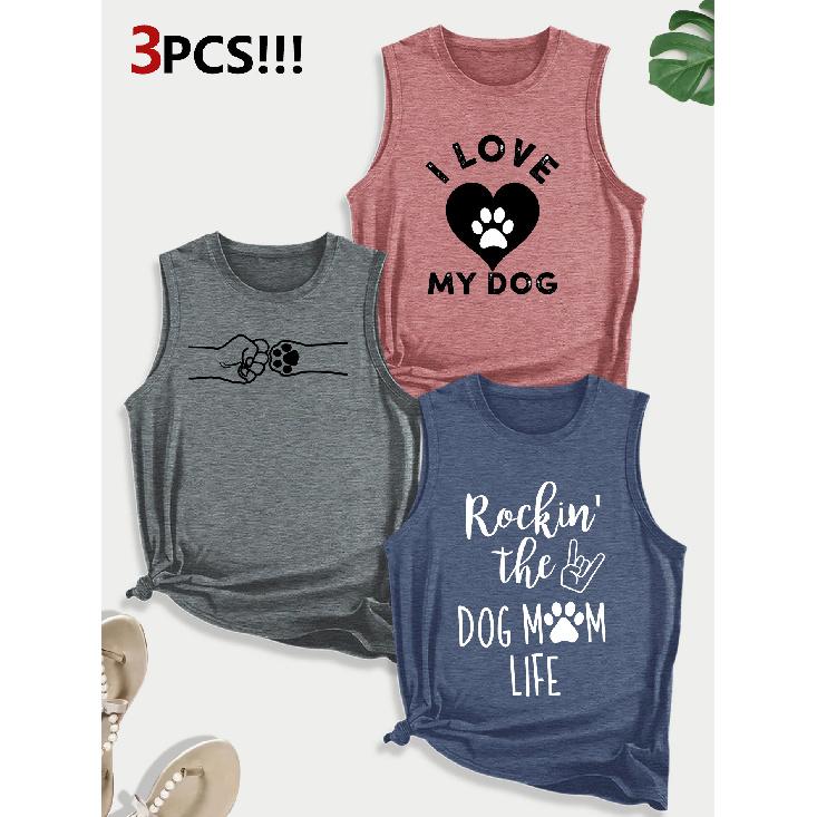 Dog Lover Paw Print Combination Gift Printed Pattern Round Neck3Pack of sleeveless vests for women in spring, summer, and autumn