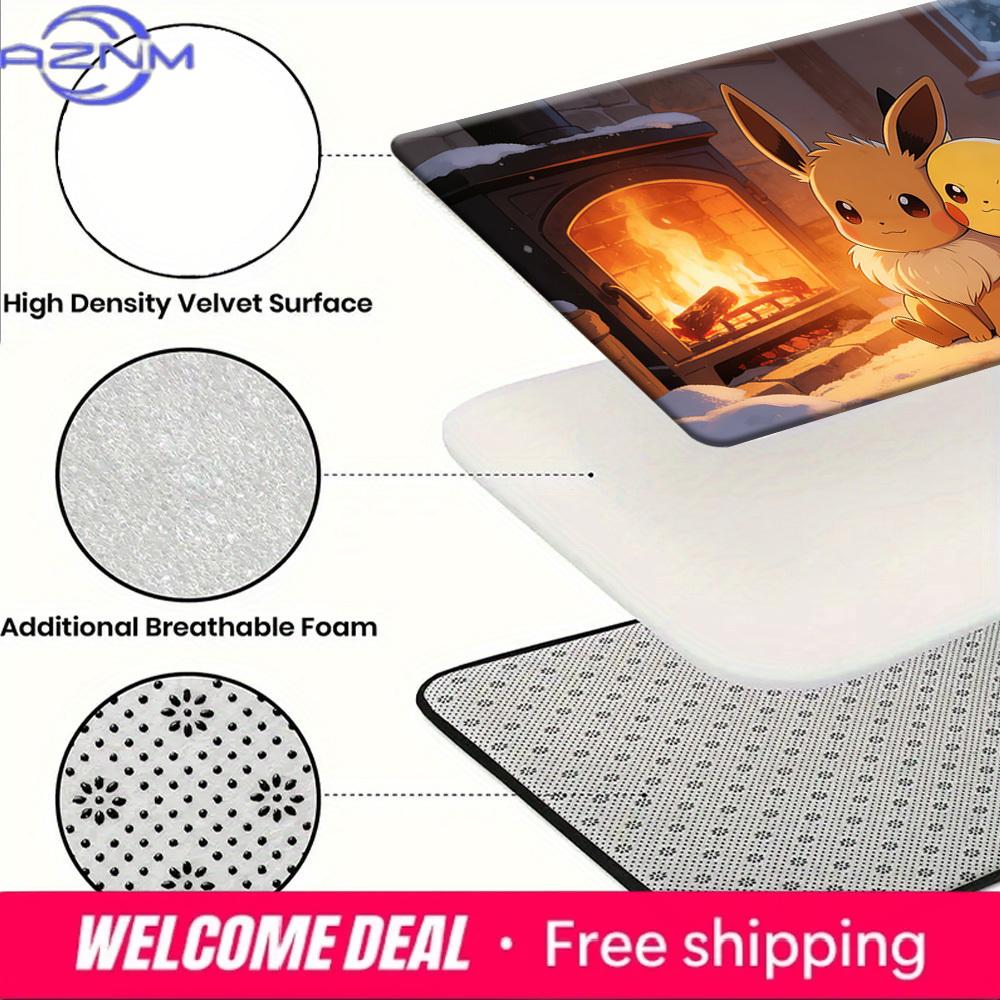 Pokemon Pikachu & Eevee Winter Fireplace Print Doormat Anti-slip Absorbent Floor Mat for Home Entrance Bedroom Living Room Decor