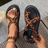 Fashion 2024 Women's Sandals Summer New Leopard Print Flat Heels Platform Sandals Outdoor Casual Peep Toe Roman Sandals Sandalias Mujer