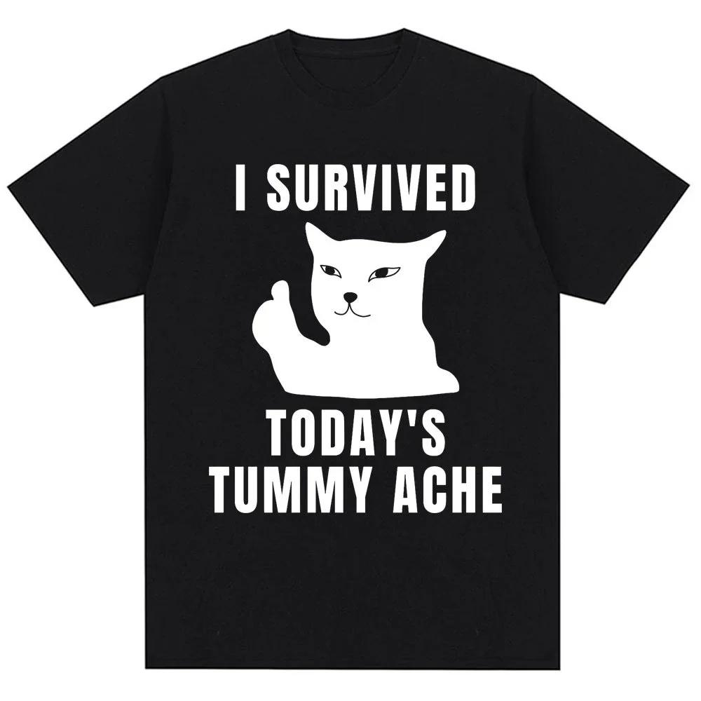 Thousand Yard Stare Cat Funny I Survived Meme Tshirt Humor Style Vintage T Shirt Unisex Women Oversized Casual Streetwear Daily