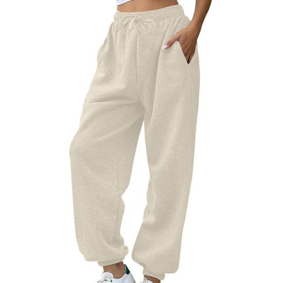 Women Sweatpants Elastic High Waist Adjustable Drawstring Harem Pants with Pockets Solid Color Loose Lounge