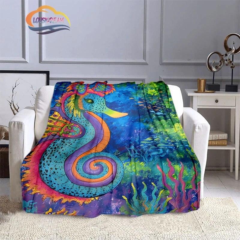 Marine Animal Sea Horse Blankets Super Soft Hippocampus Flannel Blanket Warm Lightweight Kids Bedding Sofa Chairs All Seasons
