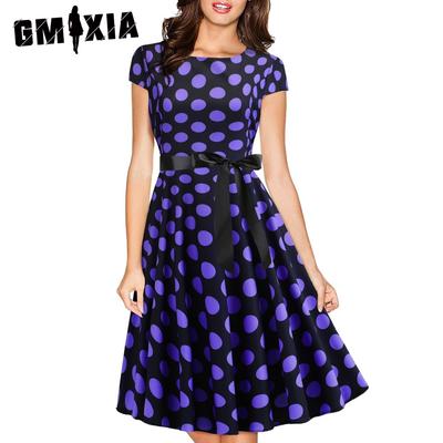 Летнее винтажное женское платье с круглым вырезом, рукавами, круглым горошком и черной лентой на талии