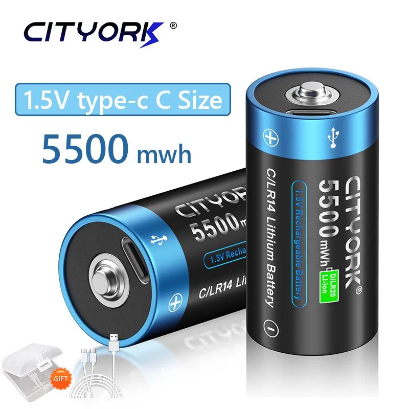 Cityork C LR14 Rechargeable Battery 1.5V 5500mWh Li-ion Batteries Type-c USB Charging for Gas stove,Flashlight,water Heater