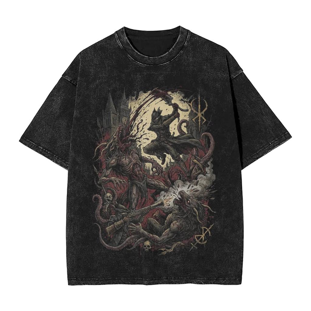 2026 Summer Hot Sale Washed Bloodbornes Darks Souls Washed T Shirts Men Women Vintage Top Hip Hop Streetwear Oversized Tshirt