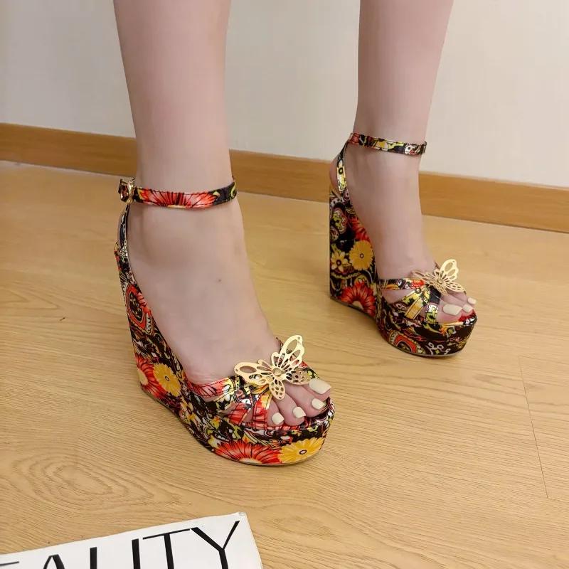 Fashion 16CM Wedges High Heels Sandals Women Open Toe Platform Butterfly Decoration Narrow Band Printed Ankle Buckle Strap Banquet Shoe