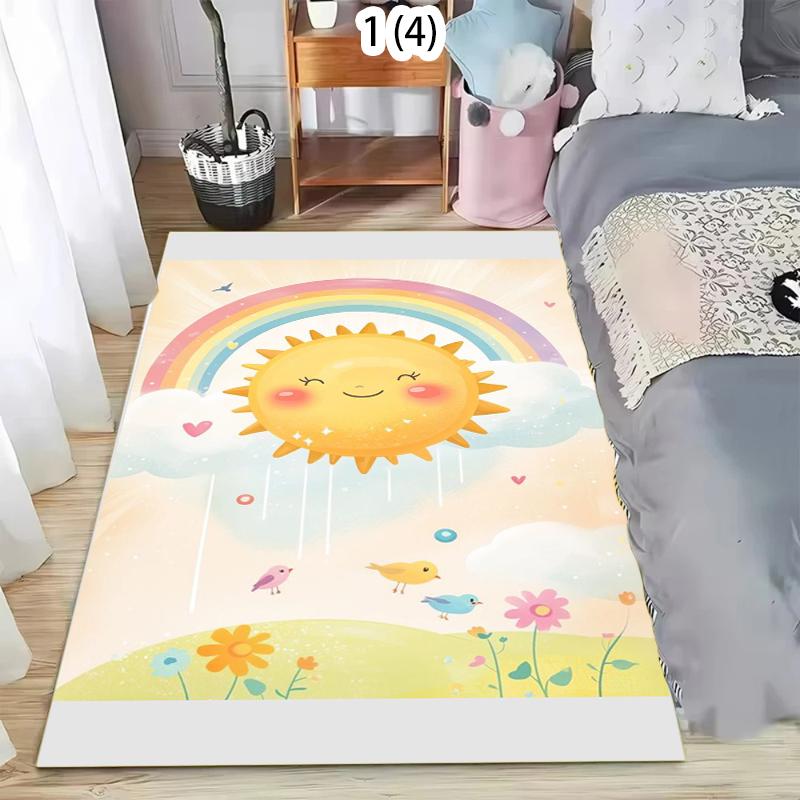 Cute Cartoon Theme Carpet Mat Rug Home Decoration Sun Rainbow Cloud Pattern Pink Background Floor Decor Kids Room