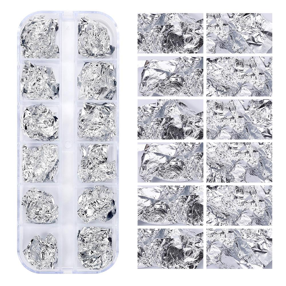 12 сеток для дизайна ногтей, золотая фольга, бумага для японского дизайна ногтей, фрагменты золотой и серебряной фольги, коробка для самостоятельного изготовления, декоративные наклейки для ногтей из оловянной фольги