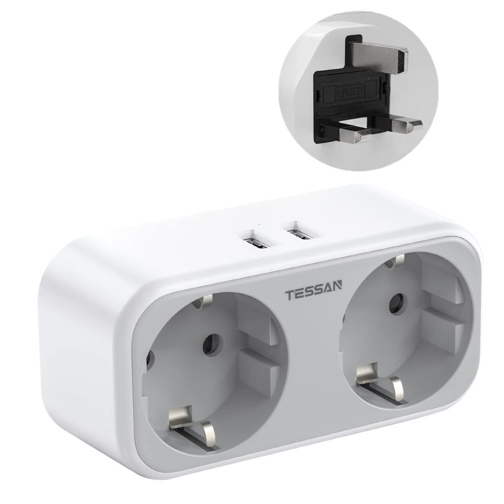 Tessan Дорожный адаптер, вилка Англии, Европы, 2 USB (2,4 А) Адаптер розетки, адаптер питания для дорожной вилки, настенное зарядное устройство для Великобритании, Ирландии