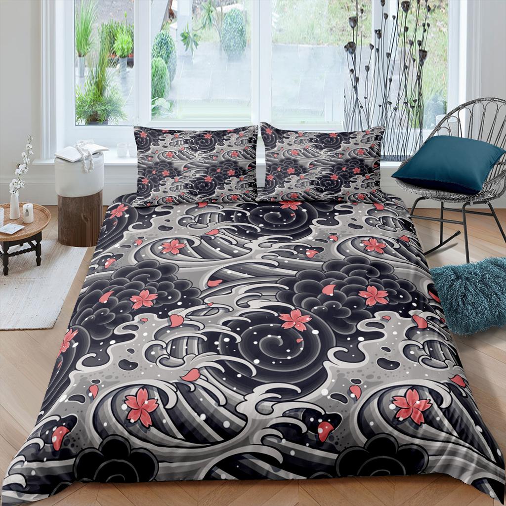 Пододеяльник с японским журавлем King Queen Size Wave Flower Ukiyo-e Style Комплект постельного белья Восточная культура 2/3 шт. Полиэстеровый пододеяльник