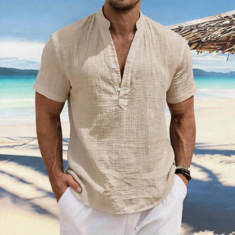 Мужская повседневная льняная рубашка-henley с коротким рукавом
