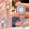 2Pcs/Set Women Watch Bracelet Kit Round Dial Shiny Rhinestones Inlaid Roman Numerals Pointer Display Accurate Decorative Gift Lady Quartz Wristwatch