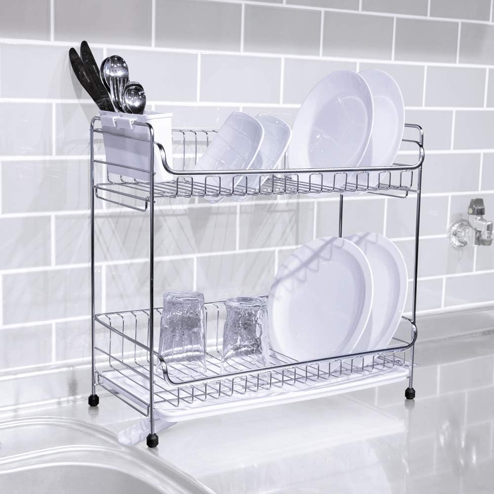 Iris Plaza SSDD-2S Slim Stainless Steel Dish Drying Rack 2-Tier Space-Saving White for Sink