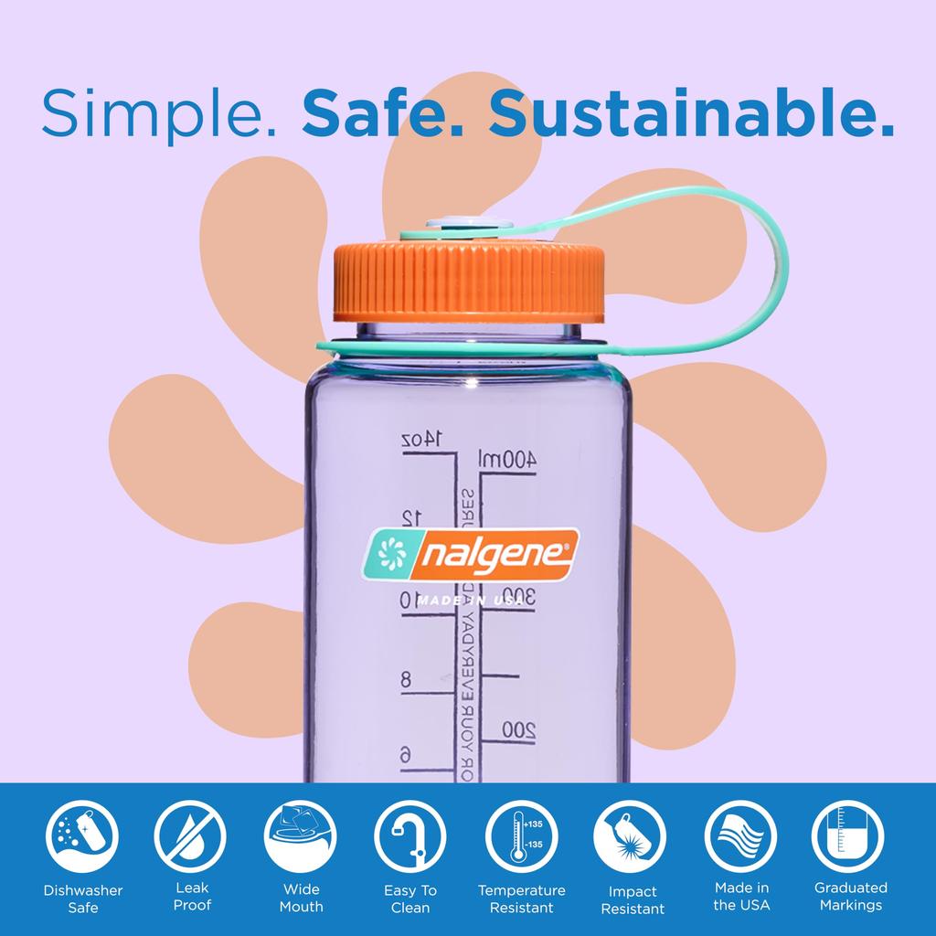 Nalgene Sustain Tritan BPA-Free Water Bottle Made with Material Derived From 50% Plastic Waste, 16 OZ, Wide Mouth, Amethyst
