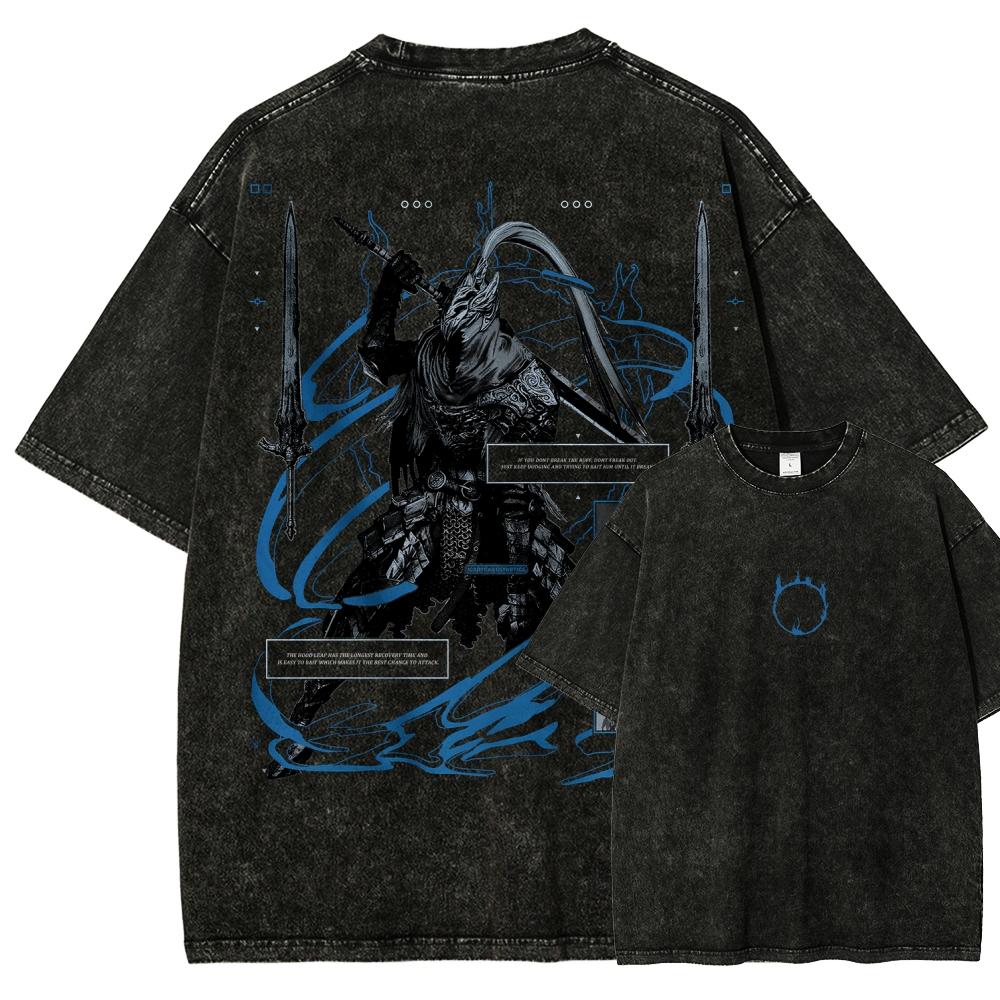 Vintage Washed Oversized Crewneck T Shirt Print Dragon Lightning Demon Wing Graphic Y2K Goth Streetwear Loose Casual Tee for Men Women Punk Fans