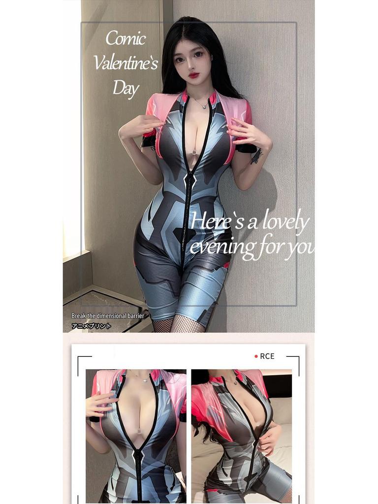 Сексуальная Эротическая Ролевая Игра Униформа: Облегающий боди на молнии с открытой промежностью (Съемный дизайн) 2367