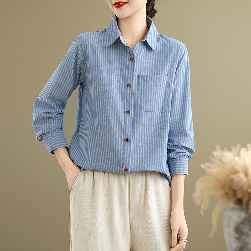 Весенняя художественная свободная рубашка с полосатым лацканом и длинными рукавами, женская рубашка, топ, блузки и рубашки