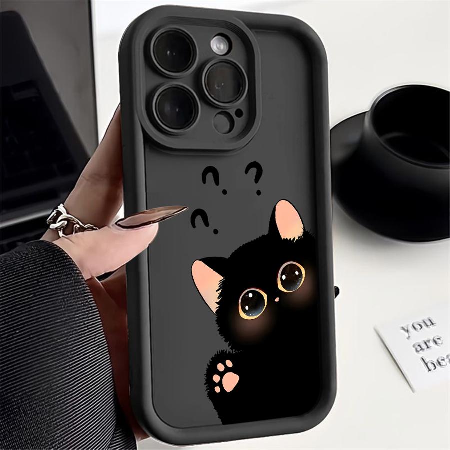 Чехол для телефона для iPhone 17 Pro Max 11 Air 17e 13 14 15 Plus 16 12 Pro Привет Милый Черный Кот