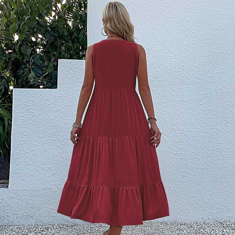 Sleeveless V Neck Casual Summer Women Dress Fashion Loose Elegant Office Ladies Dresses Layered Ruffled Solid A-line Female Dress 922