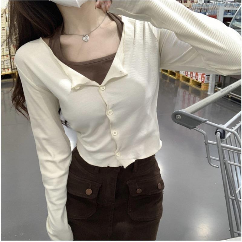 Осенний новый стиль Pure Want To Hang Neck с дизайном Sense of Fake Two Футболка с длинными рукавами Женская студенческая базовая рубашка Топ