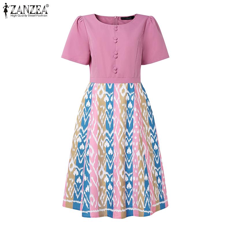 ZANZEA Women Casual Round Neck Short Sleeve Print Patchwork Dress