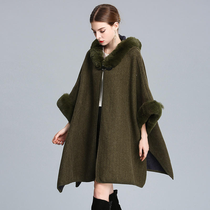 Autumn Winter Hooded Shawl Cape Imitation Wool Woolen Loose Ponchos Capes Cloak