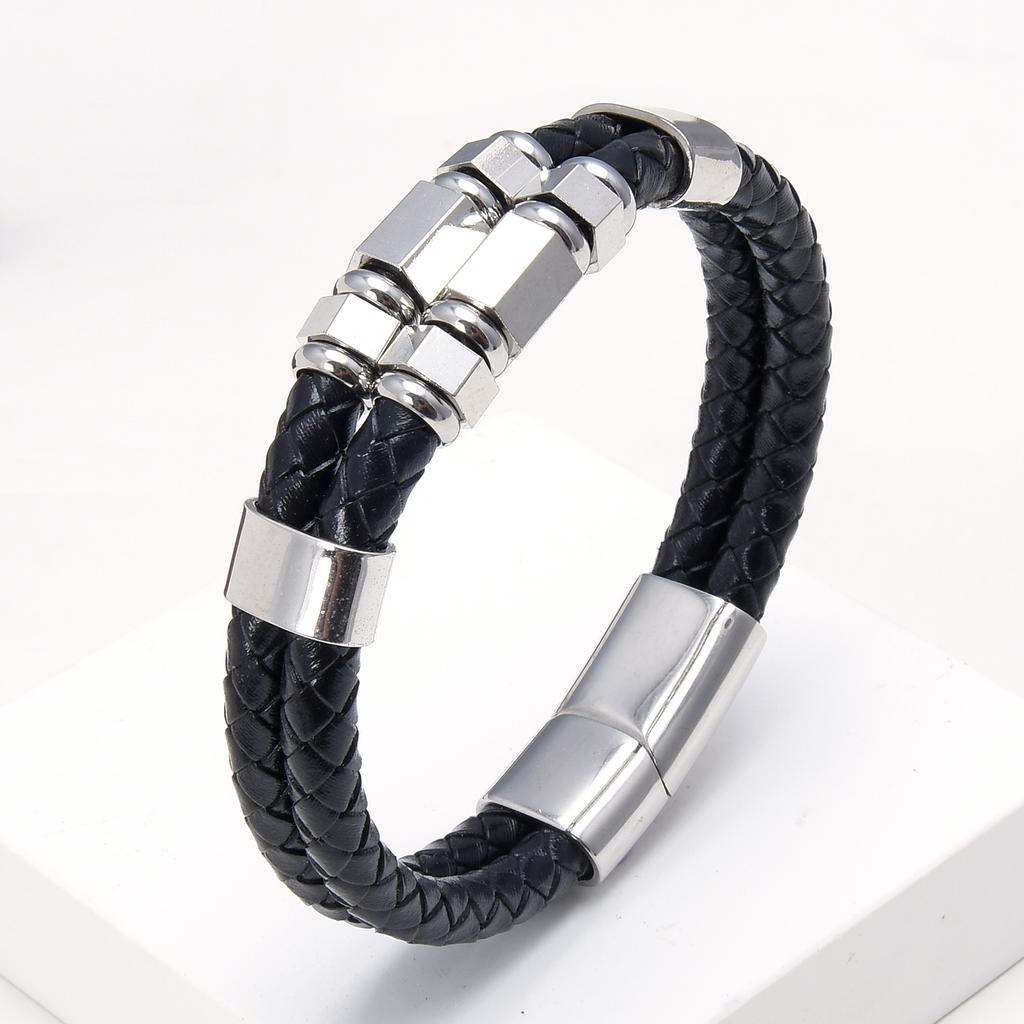 Mens Fashion Jewelry Multilayer Genuine Leather Bracelets Bangles Geometric Stainless Steel Charm Bracelet Men Gifts