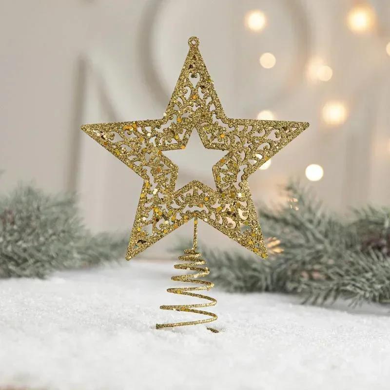 Ornaments Xmas Tree Gold Supplies Glitter Christmas Tree Top Iron Star Christmas Decorations For Home Party Decor Accessories
