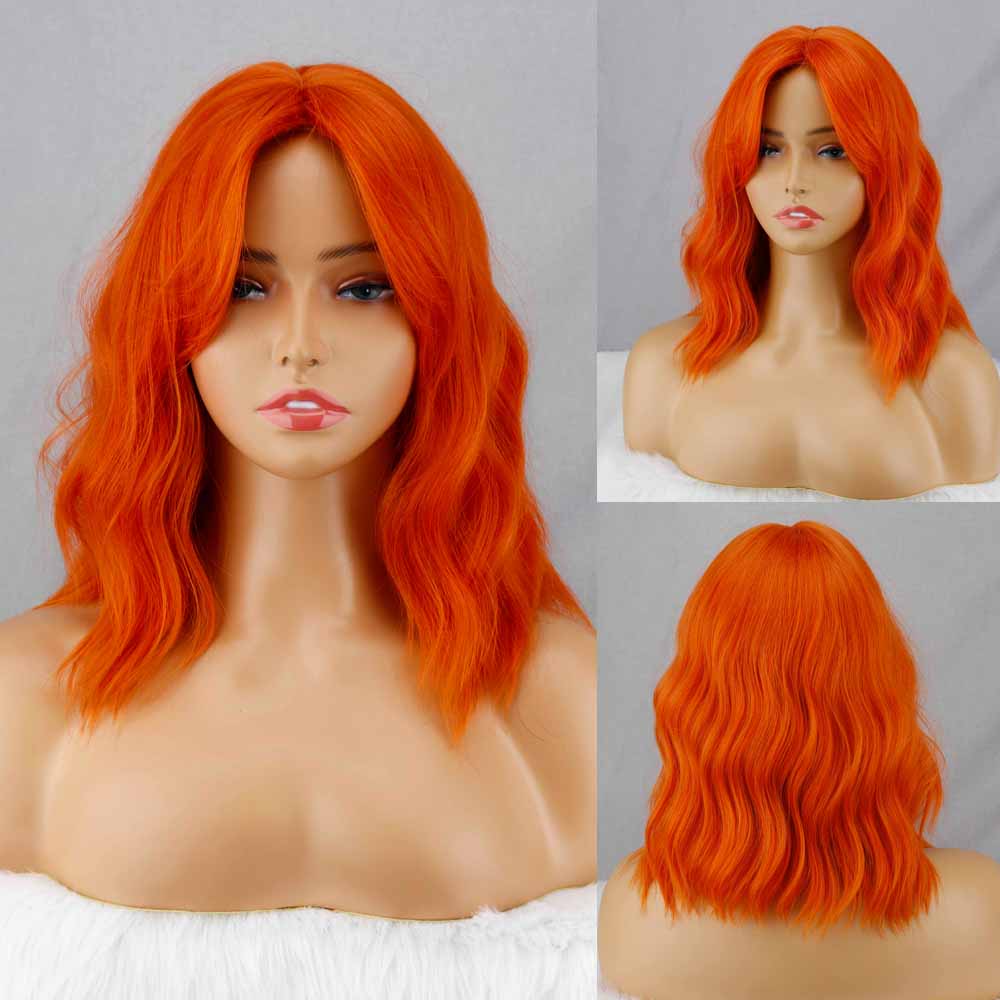 MISS WIG Women Shoulder Length Wavy Wig with Natural Bangs Synthetic Fiber Pink Short Wavy Wig Daily Wear