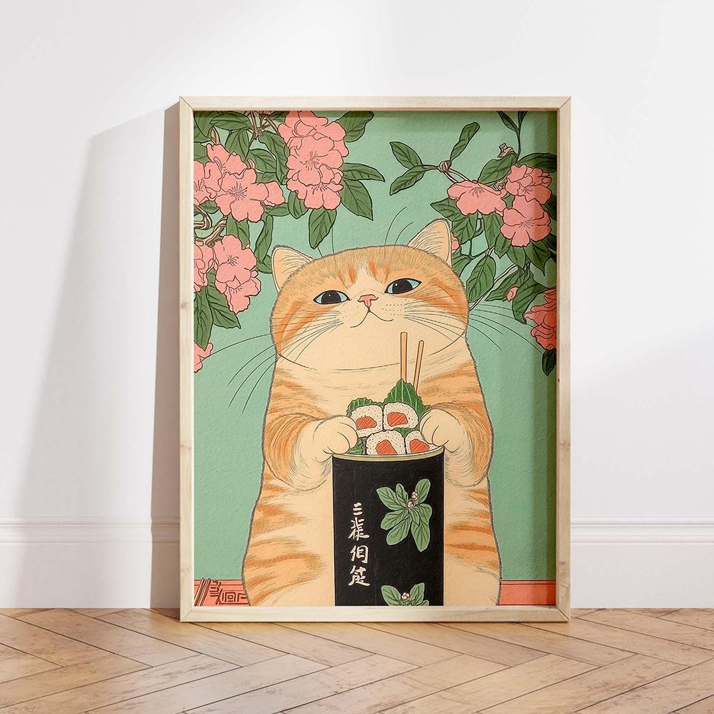 Japanese Black Cat Eating Sushi Frog Ramen Art Print Wall Decor Kitchen Dining Poster Aesthetic Unique Cat Lover Gift Poster