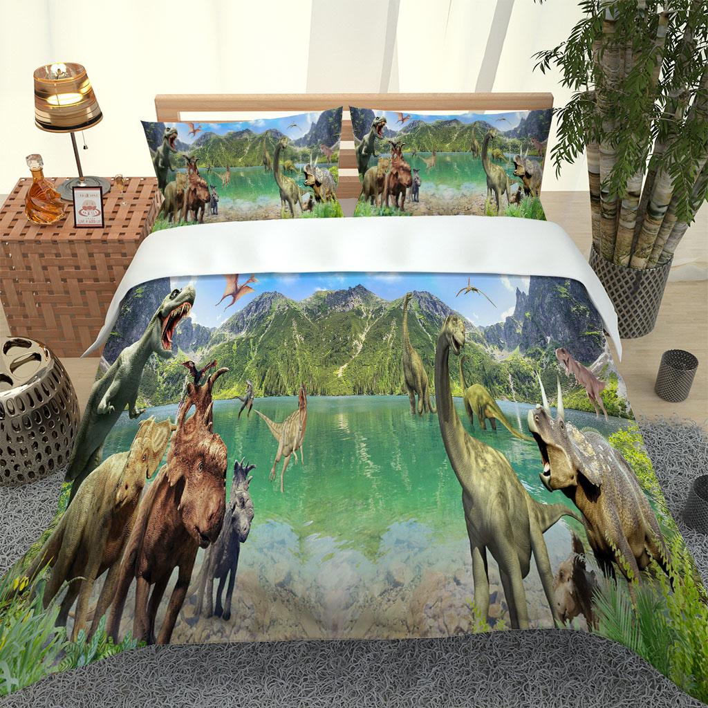 Полный комплект двуспальной кровати с изображением животных динозавров, 3D пододеяльник, King Queen, забавный комплект постельного белья для детей и девочек, полиэстеровый чехол, 2 наволочки