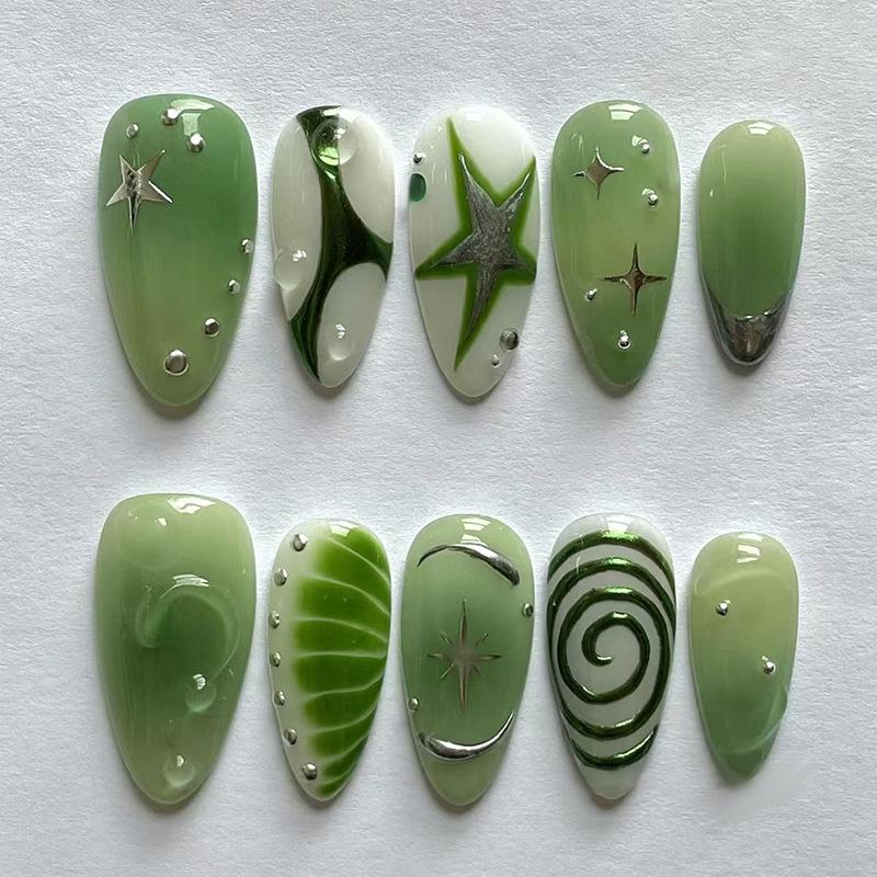 24 шт. Красочные миндалевидные накладные ногти с зеленым лотосом, Сладкие цветы кои, Градиентный французский пресс-он, Глянцевый очаровательный инста-нейл-арт