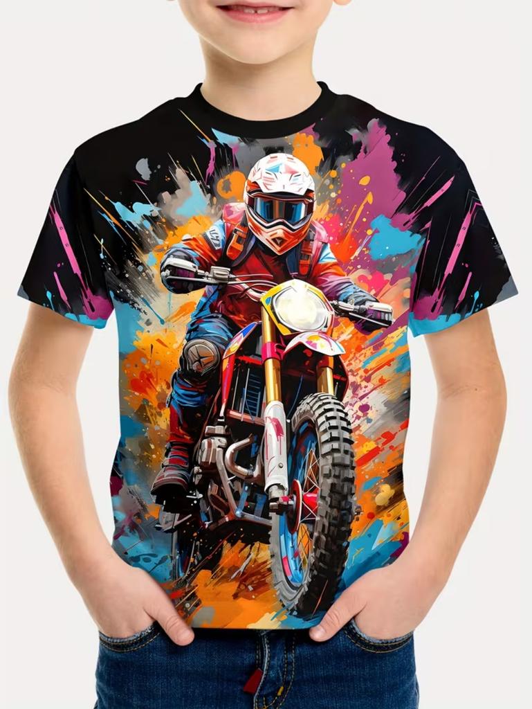 Motorcycle rider 3D printed T-shirt for boys, suitable for boys, short-sleeved top, fashionable street style children's clothing for summer.
