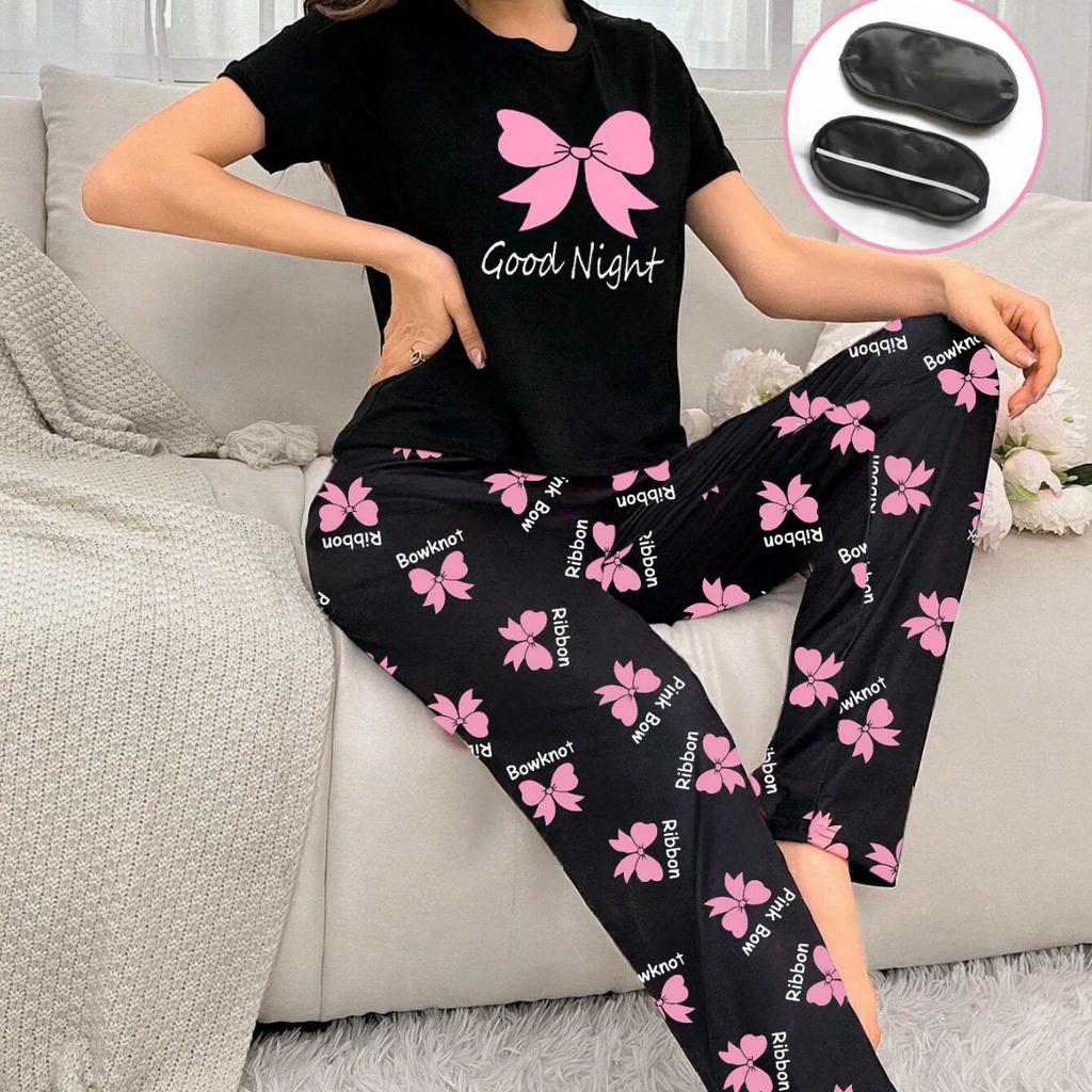 Пижамный комплект весна-лето для женщин с принтом в виде сердца, топ с короткими рукавами и длинные брюки, пижама с повязкой на глазу, повседневная свободная мягкая домашняя одежда