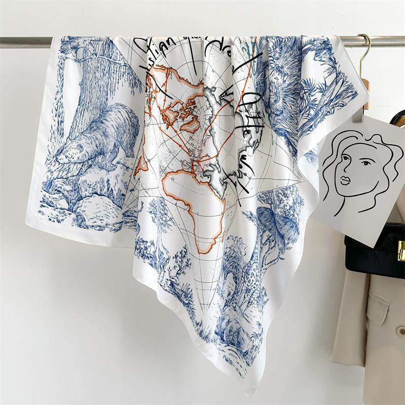 Spring Summer Luxury Design Women 90X90cm Square Silk Scarf Landscape Print Hijab Foulard Ribbon Wrap Hairband Headband Mom Gift